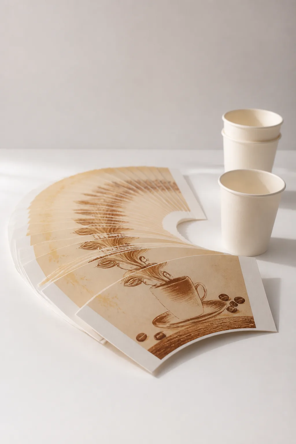 PE-coated paper cup fan blanks with printed design, three blank glue edges, from seresmech
