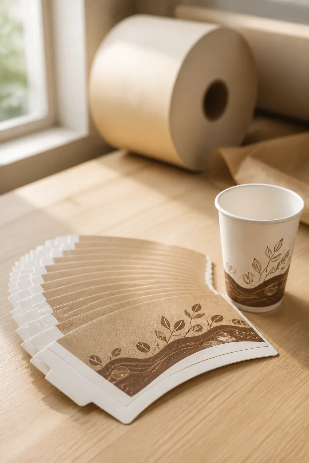 Paper cup fan with three blank sides reserved for gluing, sealing and curling